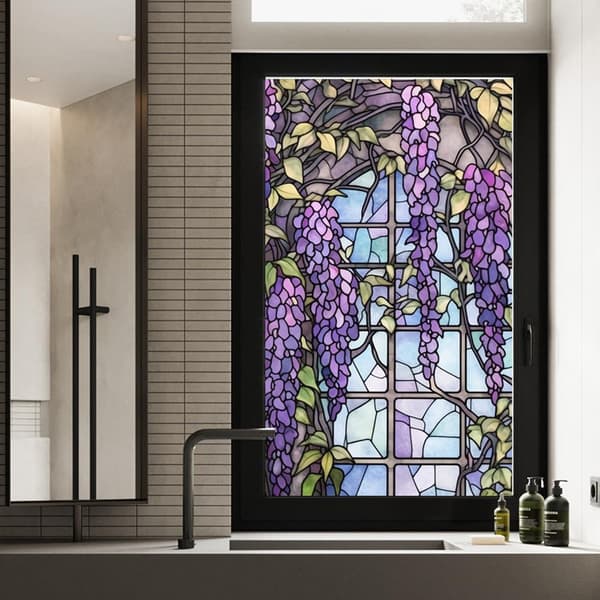 (45x100cm) Floral Frosted Window Film UV-Blocking Heat Insulation Purple Pattern for Window Decor