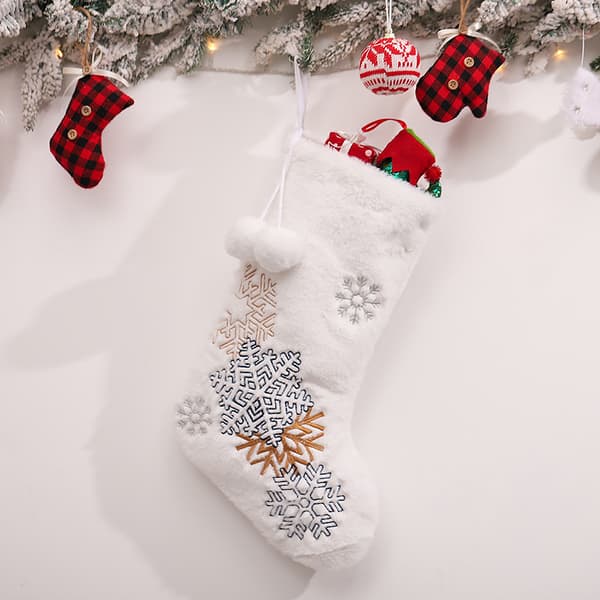 White Christmas Stocking Gift Bag with Snowflake Embroidery Pattern for Storing Christmas Items and Table Decorations Snowflake Snowflake