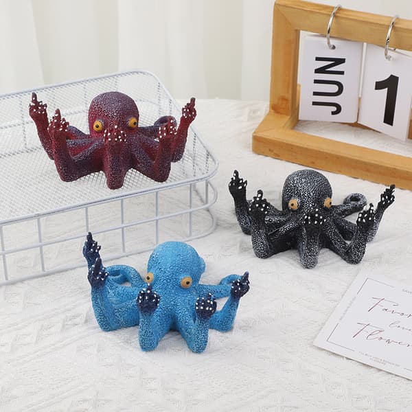 Resin Octopus with Middle Finger Octopus Art Simulation Sculpture Luminous Octopus 3D Ornaments-tfrf