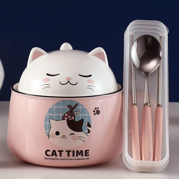 Ramen Bowl with Lid, Cute Cat Salad Bowl Handle, 1020mL