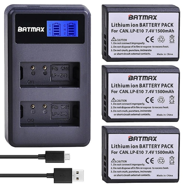 4x LP-E10 LP E10 LPE10 Kamerabatterier + LCD USB Dubbelladdare Kompatibel med Canon EOS 1100D 1200D 1300D Kiss X50 X70 X80 Rebel T3 T5 T6 3battery n charger