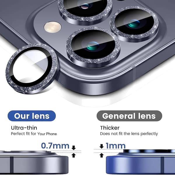 Kamerabeskyttelse til iPhone 13 Pro/iPhone 13 Pro Max, Glitterdekoration Individuelle Linsebeskyttere, Ultratynd, Sort