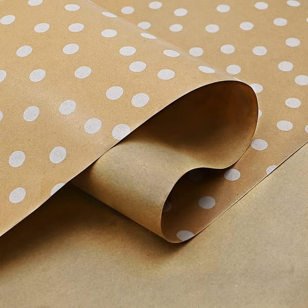 1 rull bursdagsgavepapir, 43cm x 15M kraftpapir trykt med hvite prikker, resirkulerbart gavepapir
