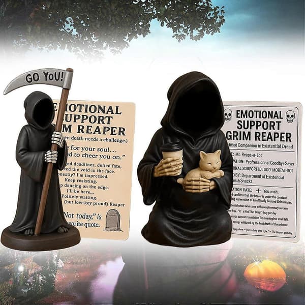 Emotional Support Grim Reaper, Hand-Painted Gothic Grim Reaper Statue Holding Coffee & Cat with Emotional Support Card B B