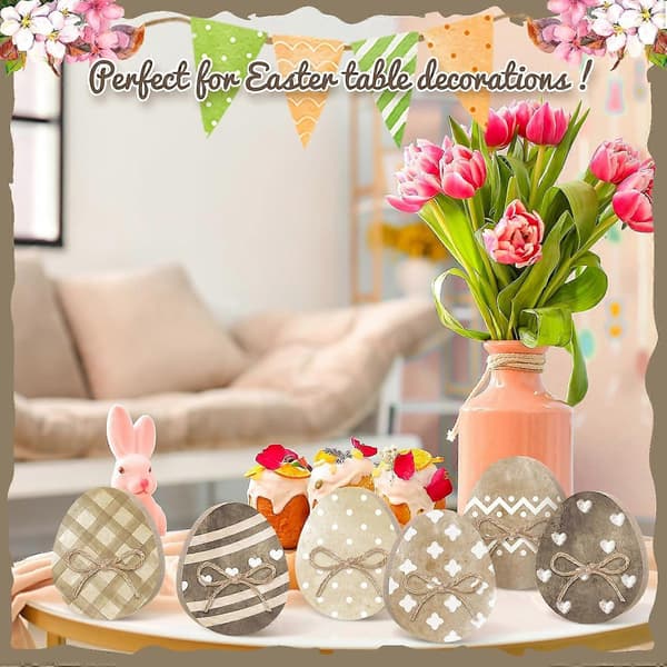 Easter Bunny Table Sign Wooden Rabbit Shaped Rustic Decor with Rope and Easter Eggs for Home Office Party Centerpiece (FMY)