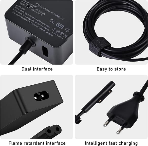 Surface Pro Oplader, 65W 15V 4A Microsoft Surface Oplader til Surface Laptop 4/3/2/1, Surface Book1/2, Surface Pro 3/4/5/6/7/8/9/x, Surface Go Med Os