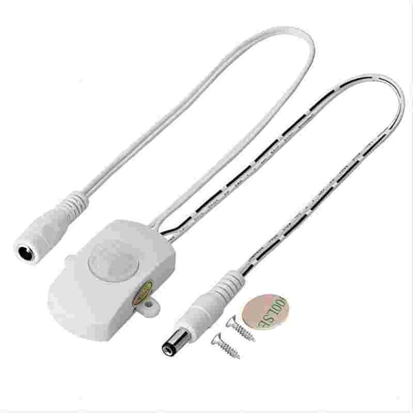 Bevegelsessensor, 6V-24V bevegelsessensorbryter, 5A 12V Pir-sensorbryter, justerbar forsinkelsestid, for LED-belysning (hvit)