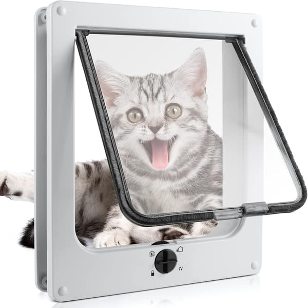 Small Cat Flap (outer dimensions 23.5 x 27 cm x 5.5 cm), four-way lockable, cat flap for kittens - white