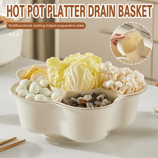 Rotatable Vegetable Basket with 6 Compartments Reusable Durable Washing Strainer Kitchen Accessory Cream Cream