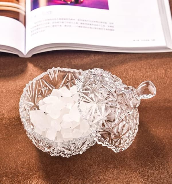 Slikskål i glas med låg, transparent slikskål, krystallåg, kronedesign