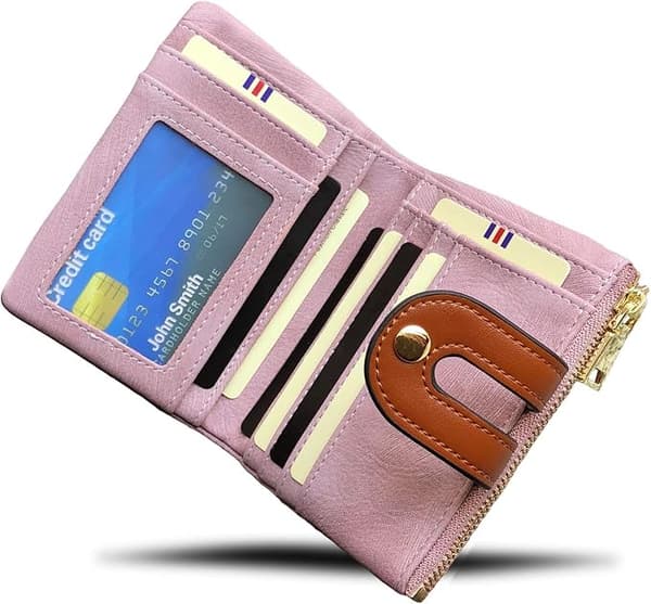 (Rosa) Liten RFID-läderplånbok för kvinnor, miniplånbok med myntficka, mjuk och kompakt smal plånbok