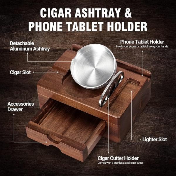 Cigaraskebæger, træaskebæger med cigarklipper, cigarholder, tilbehørsboks og lighterrum, udendørs askebæger til hjemmebar.