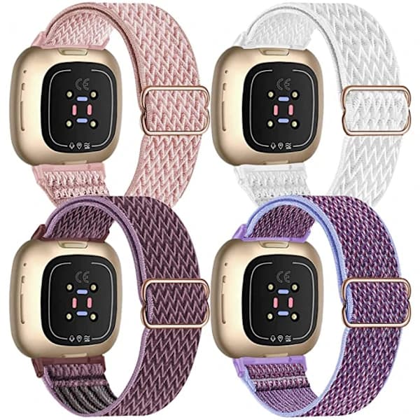 4-delt elastisk nylonbånd kompatibelt med Fitbit versa 3 / Fitbit sense, justerbart elastisk stoff sportsarmbånd for smartklokke (Rosa/Hvit/Røykfarget)