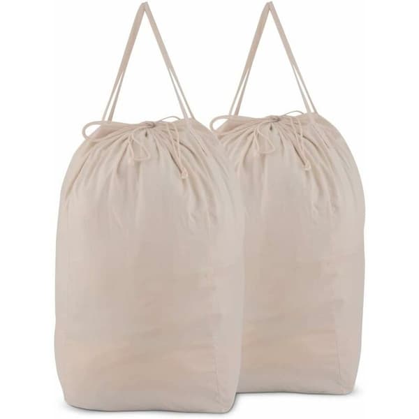 Vasketøjspose med snøre, foldbar, vaskbar, genanvendelig, beige