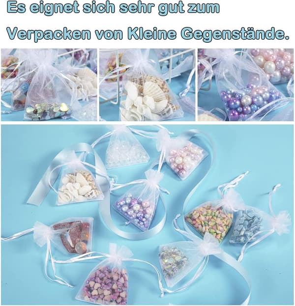 Pakke med 100 poser, 7 x 9 cm, organza gavepose, hvit