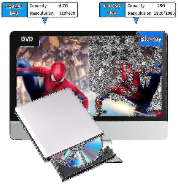 Ekstern Blu Ray DVD-drev 3D, USB 3.0 og Type-C Blu-ray CD DVD-læser Slim Optisk Bærbar Blu-ray D