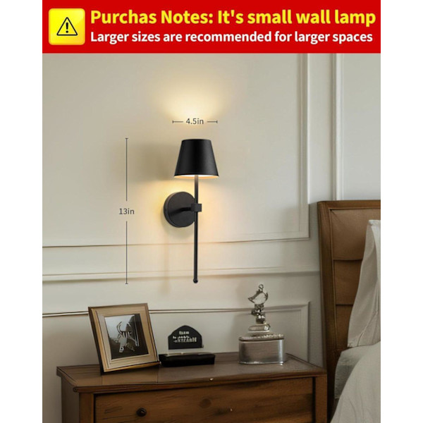 Wireless Wall Sconces 2-Pack, LED Lamps with Rechargeable Battery, Stepless Dimmer with Remote Control Black