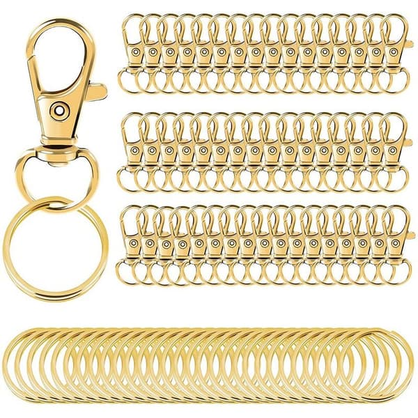 (Guld) 100 stycken vridbara nyckelringar (50 karbinhakar och 50 nyckelringar)