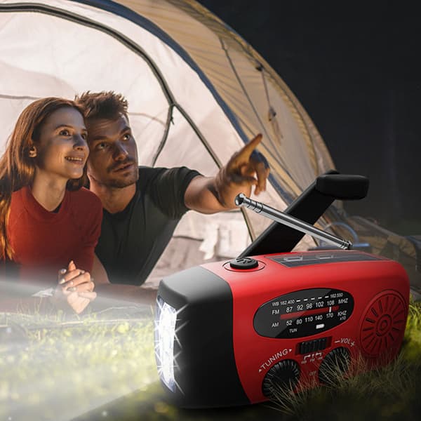 Solar Powered Waterproof Crank Radio with Power Bank, Red
