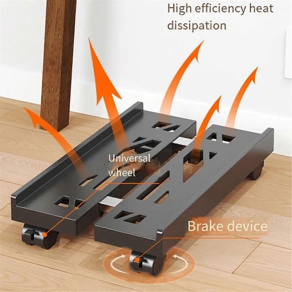 Justerbart mobilt CPU-stativ, ventilert PC-kassestativ PC-kassestativ med 4 hjul, holder under skrivebordet
