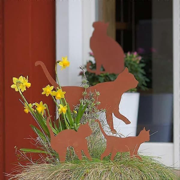 Sæt med 4 Havepynt Kat - Rustlook - Lavet af Rustfrit Stål - til Have, Terrasse, Altan eller Blomsterkrukke