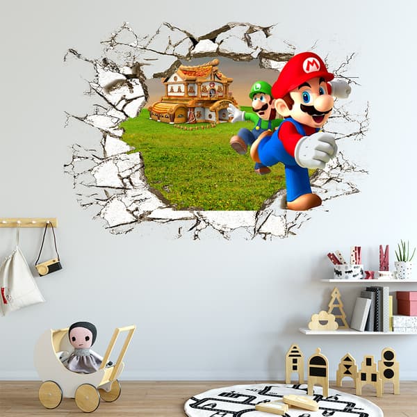 Väggdekaler 3D Bruten Vägg Mario Väggdekaler Mural Dekaler för Sovrum Vardagsrum TV-vägg