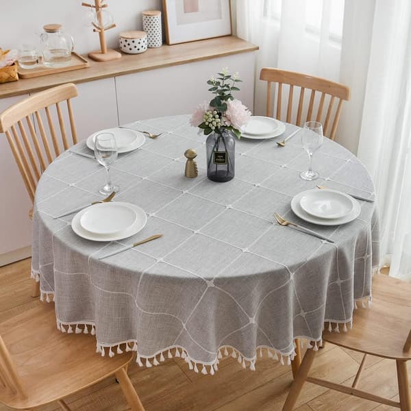 Jacquard Rund Duk Dekorativ Bomull Lin Dusk Bordtrekk, Maskinvaskbar, Diameter 180cm, Lysegrå