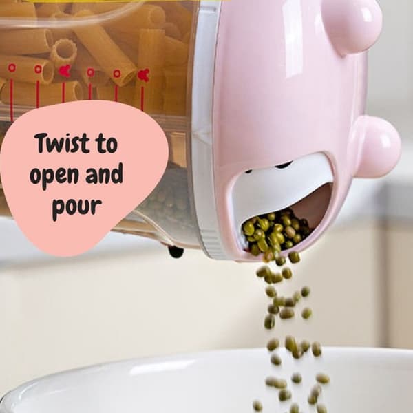 Stor beholder med flere rom for frokostblandinger, ris, pasta, flak og nøtter Rosa