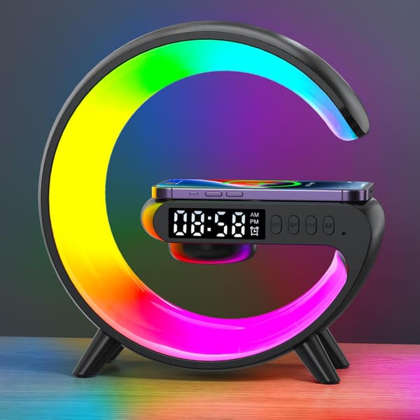 Mini Wireless Speaker with Atmosphere Lighting, Wireless Charging, Alarm Clock and Bedside Lamp - Black