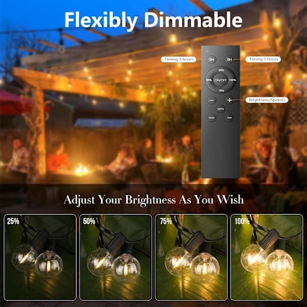 Outdoor String Lights 15M Dimmable with Remote Control, 25+1 Shatterproof Bulbs, IP45 Waterproof for Garden Patio Wedding, 2700K