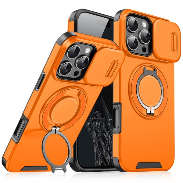 Magnetisk ringstativ-cover til iPhone 15 Pro Max med skydbart linsebeskyttelse, orange