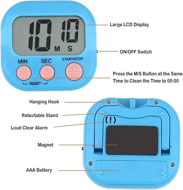4 stk digital kjøkkentimer med magnet (hvit, blå, grønn, rosa)