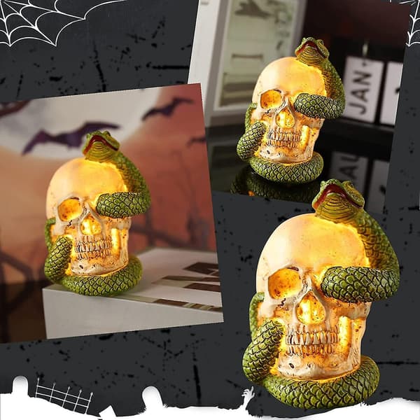 Slange i hodeskallepynt Halloween harpikspynt dekorasjon Hal