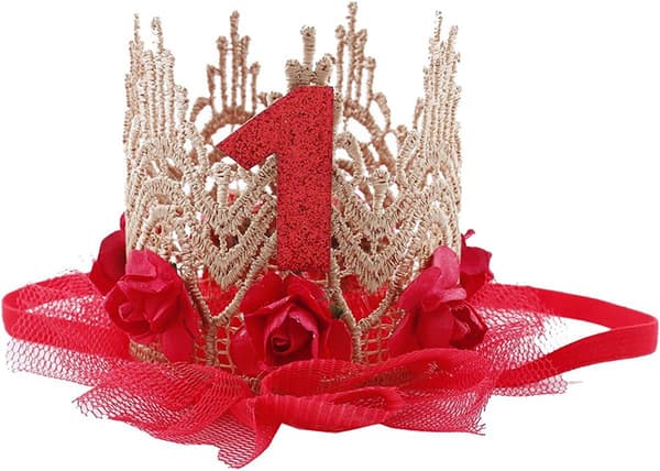 Spesialbånd for 1-åring med blondeblomst og krone i mesh - Rød