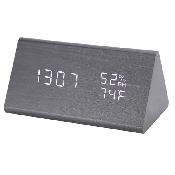 Digital LED Wooden Table Clock Voice Control Triangular Temp Humidity Alarm White Light