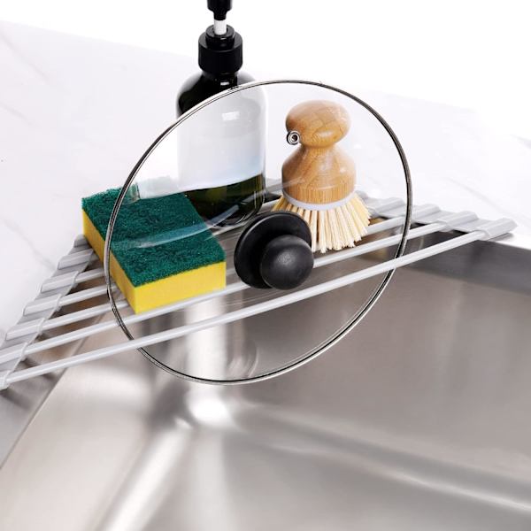 Small Triangular Foldable Dish Drying Rack with Silicone Coating, Stainless Steel Frame for Sink Corner, Multifunctional Drainer (Grey)