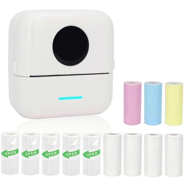 Mini Portable Printer, Inkless Sticker Printer with 12 Rolls of Paper, Mini Thermal Printer for Notes/Photos/Stickers, White