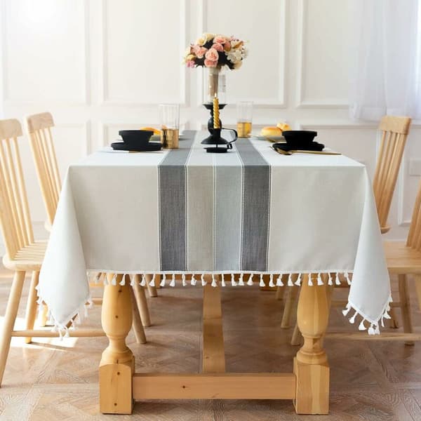 Duk i lin og bomull, rektangulær, grå, 140x220 cm, elegant duk i rektangulær form, egnet for dekorasjon av spisebord i hjemmet og på kjøkkenet