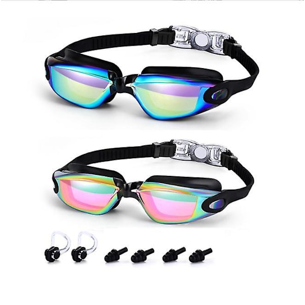 2 pcs swimming goggles for adults, men, women, teens and kids over 8 years old, anti-fog and UV protection, no-leak nose clip and ear plugs