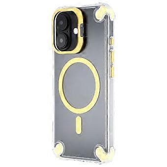 Compatible with iPhone 16 Magnetic Transparent Case Shockproof Hybrid Phone Cover with Camera Lens Frame Kickstand (Gold)