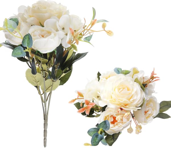 2 buketter med kunstige peoner, kunstige blomster, hvite, elegante