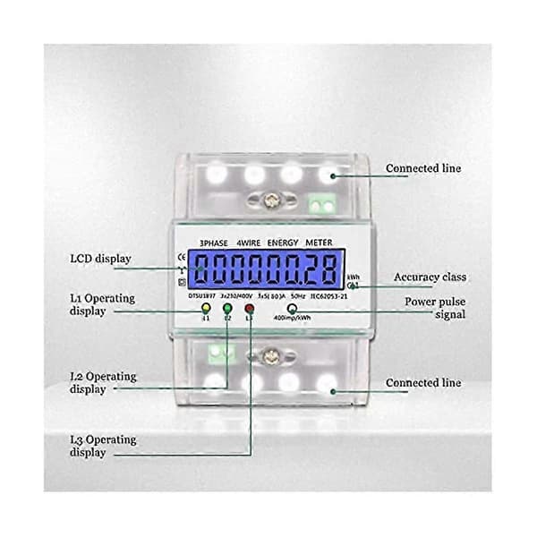 Elmåler 3-faset 4-leder, effektmåler DIN-skinne med LCD-display, digital elmåler