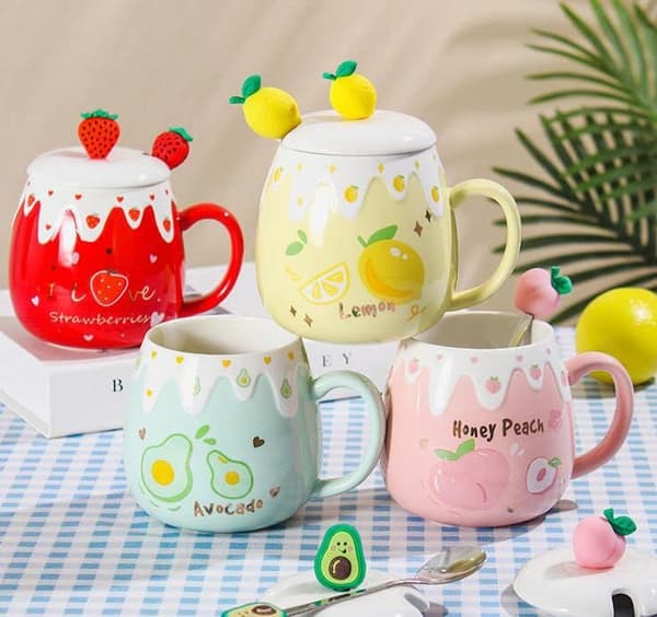 Keramisk krus citron kaffekop vand med låg og ske - Lemon