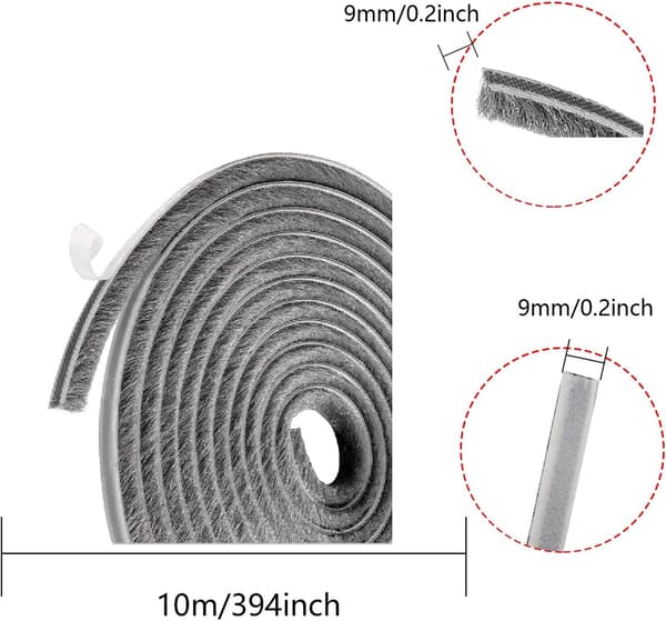 10m brush strip, wind and dustproof self-adhesive brush seal for movable windows and doors, 9mm width x 9mm height, grey
