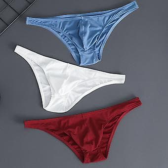 Men's Ice Silk Thin Striped Solid Color U Convex Inside Wear Sexy Quick Dry Thong Underwear (L Red)