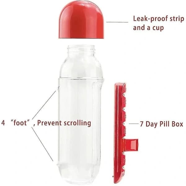 Daglig pilledispenser med 590 ml vannflaske, pilledispenser for utendørs bruk, reisevannflaske med pilledispenser - Blå