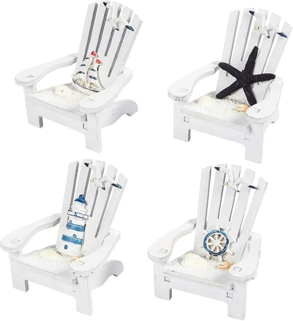 Sæt med 4 miniature Adirondack strandstols ornamenter til kyst, hav