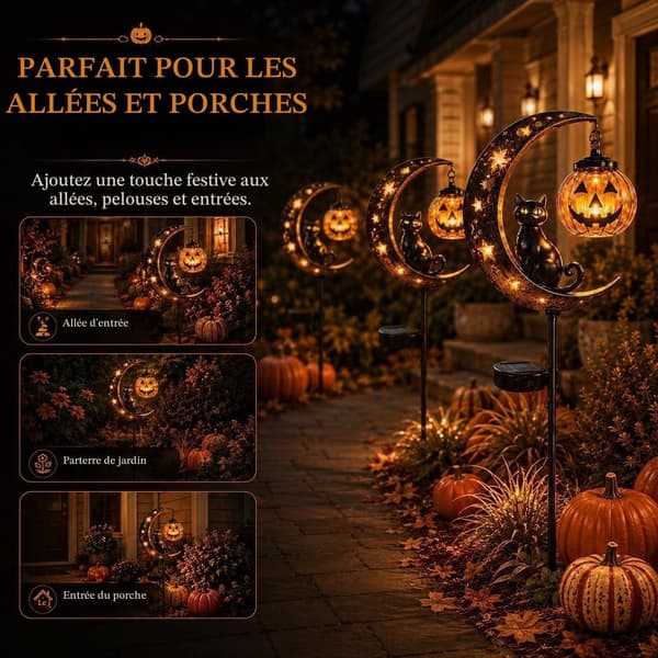 Solcelle-græskarlampe Halloween Havepynt – Sort kat og måne