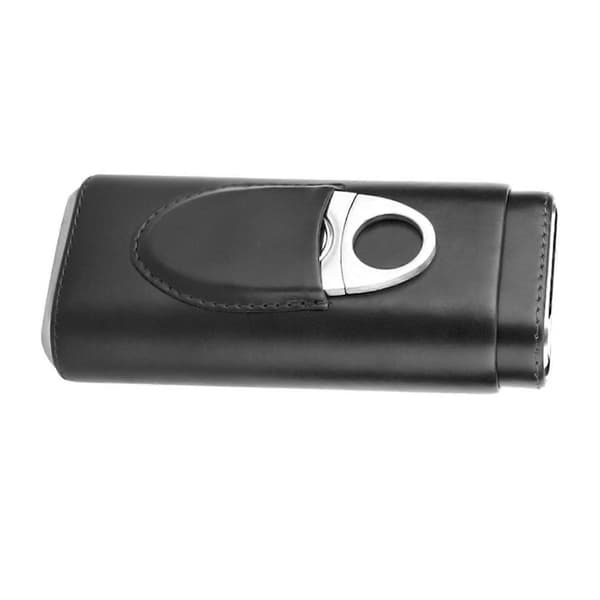 Portable Leather Cigar Case Cedar Wood Lined Cigar Humidor with Cutter (for 3 Cigars Black) [DB]
