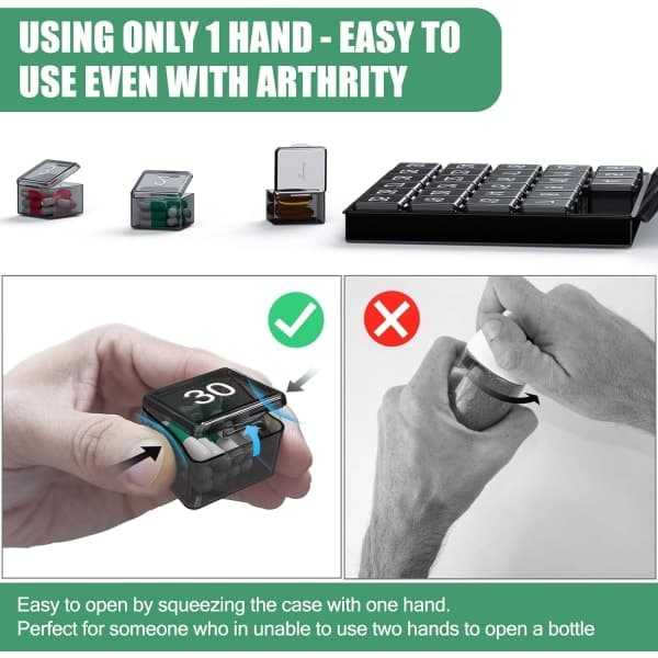 Monthly Once-A-Day Pill Organizer - 30 Day Pill Organizer Box - Squeeze to Open - Large Compartments Portable Case (Black)